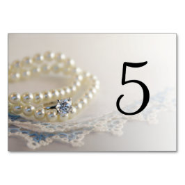 Pearls, Ring en Blue Lace Wedding Table Numbers Kaart