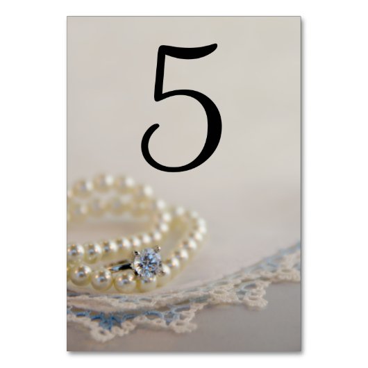 Pearls, Ring en Blue Lace Wedding Table Numbers Kaart (Achterkant)