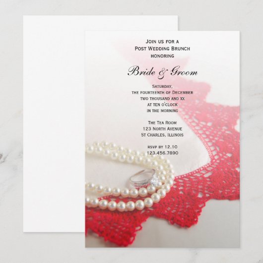 Pearls, Ring, Red  Lace Post Wedding Brunch Kaart (Voorkant / Achterkant)