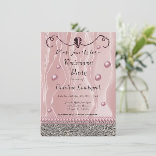 Pearls & Roze Silk Retirement Party Kaart (Staand voorkant)