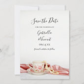 Pearls Weddenschap met roze Floral Tea Cup Save The Date (Voorkant)