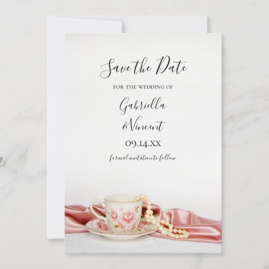 Pearls Weddenschap met roze Floral Tea Cup Save The Date (Voorkant)
