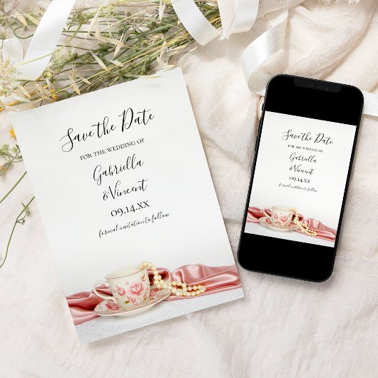Pearls Weddenschap met roze Floral Tea Cup Save The Date