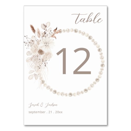 Pearls & White Floral Beige 2 Tabel Nummer Kaart (Achterkant)