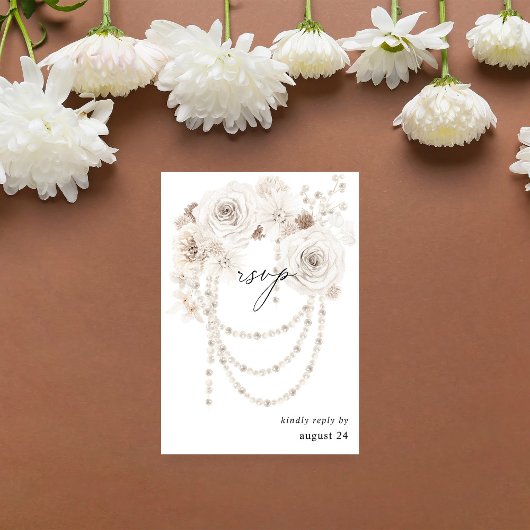 Pearls & White Floral w Meal RSVP Kaartje