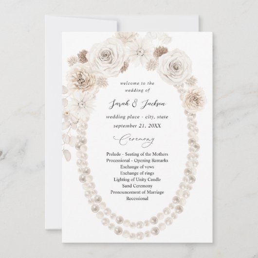 Pearls & White Floral Wedding Ceremony Programme Kaart (Voorkant)