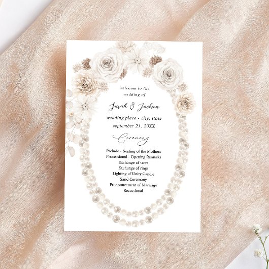 Pearls & White Floral Wedding Ceremony Programme Kaart