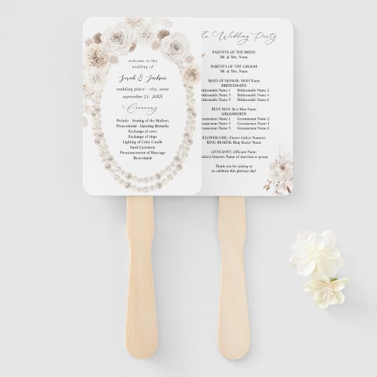 Pearls & White Floral Wedding Programme Handwaaier (Voorkant en achterkant)