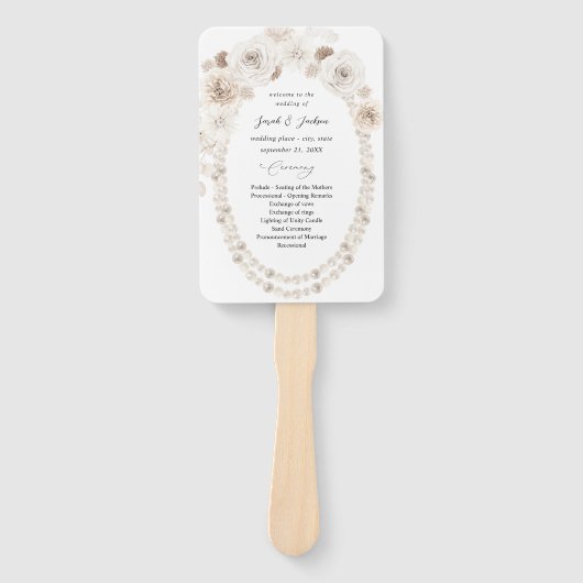 Pearls & White Floral Wedding Programme Handwaaier (Voorkant)