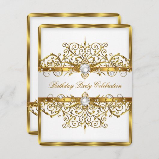 Pearls White Gold Elegant Birthday Party 3 Kaart (Voorkant / Achterkant)