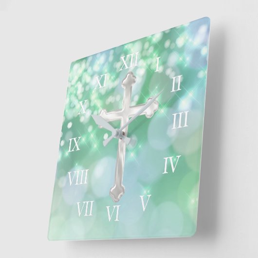 Pearly Cross met Aqua Glans Vierkante Klok (Hoek)