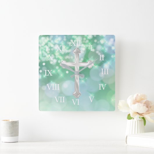 Pearly Cross met Aqua Glans Vierkante Klok (Huis)