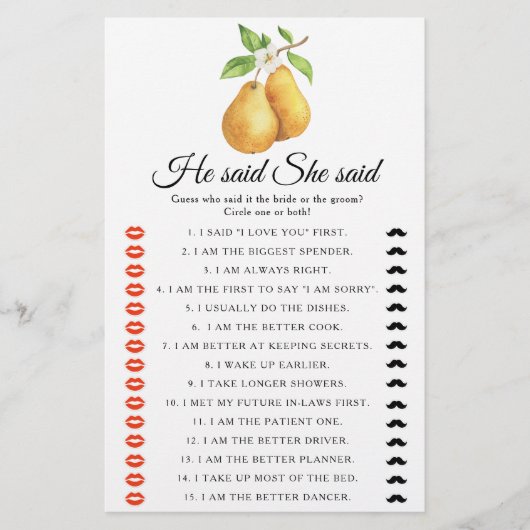 Pears Bridal shower He said she said game (Voorkant)