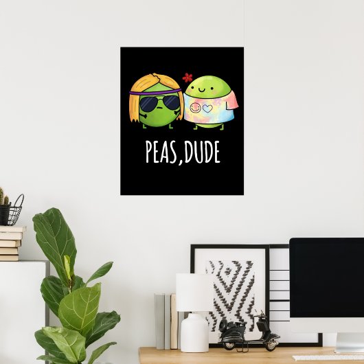 Peas Guy Funny Hippie Pea Pun Dark BG Poster (Thuiskantoor)