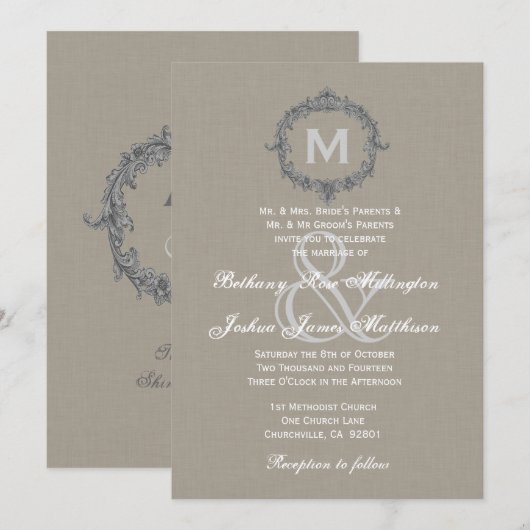 Pebble and Grey Lijst Monogram Weddenschap V6 Kaart (Voorkant / Achterkant)