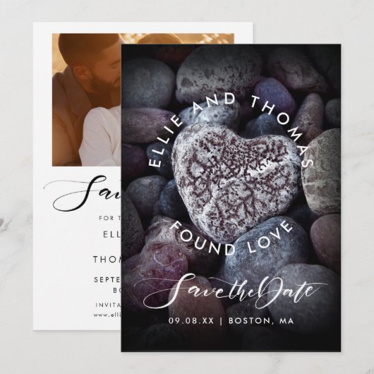 Pebble hart gevonden liefde foto bruiloft save the date (Voorkant / Achterkant)