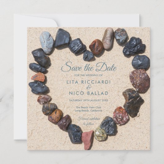 Pebble Heart Beach Save the Date Kaart (Voorkant)