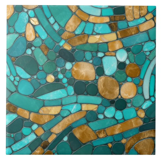 Pebbles Mozaïek Kunst - Smaragd en Goud Tegeltje (Voorkant)