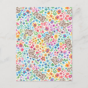 Pebble's Whimsical Garden Grijze Kat & Helder Bloe Briefkaart