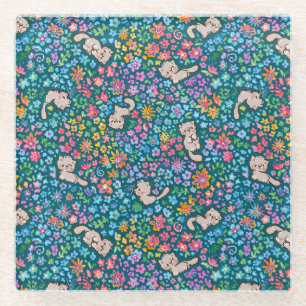 Pebble's Whimsical Garden Grijze Kat & Helder Bloe Glazen Onderzetter
