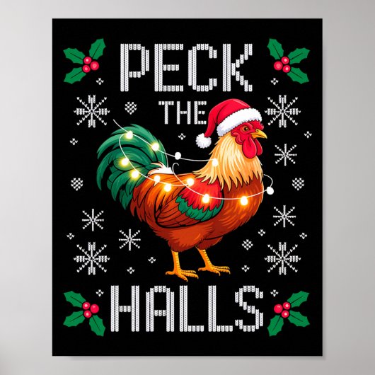 Peck The Halls Chicken Christmas Lights Snowflakes Poster (Voorkant)