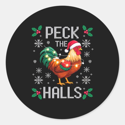 Peck The Halls Chicken Christmas Lights Snowflakes Ronde Sticker (Voorkant)