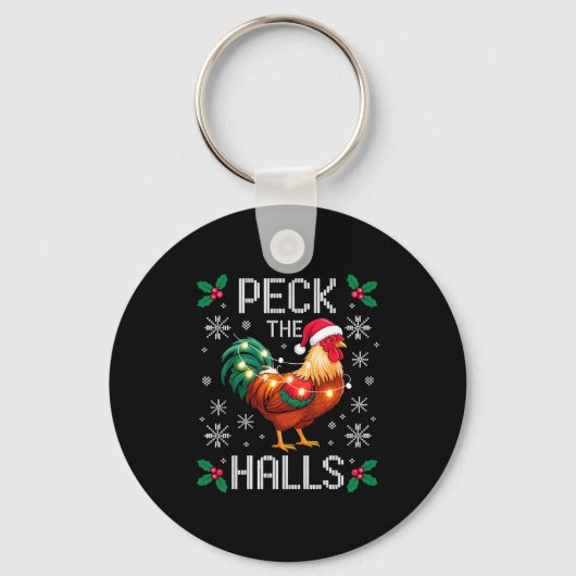 Peck The Halls Chicken Christmas Lights Snowflakes Sleutelhanger (Voorkant)