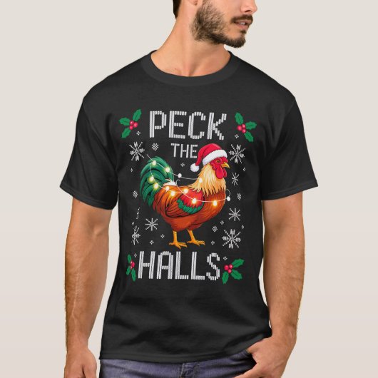 Peck The Halls Chicken Christmas Lights Snowflakes T-shirt (Voorkant)