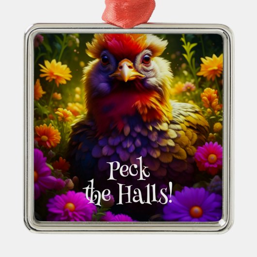 Peck the Halls Chicken Pun | Kerstkippen Metalen Ornament (Voorkant)