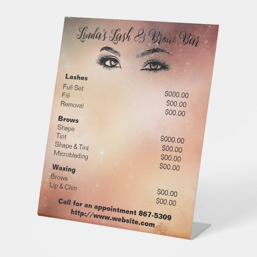 Pedestal services menu voor wlash/brow business reclamebord met voetstuk (Voorkant)