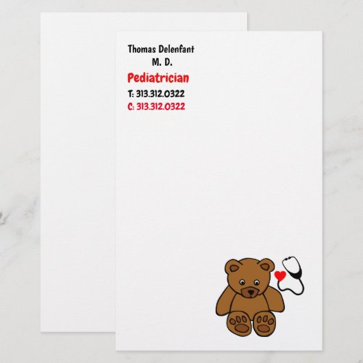 Pediatrische arts - teddy- en hartstethoscoop briefpapier (Voorkant / Achterkant)