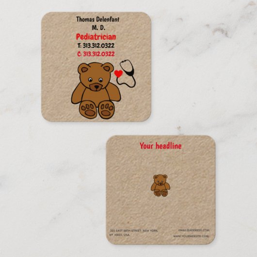 Pediatrische arts - teddy- en hartstethoscoop vierkante visitekaartje (Voorkant / Achterkant)