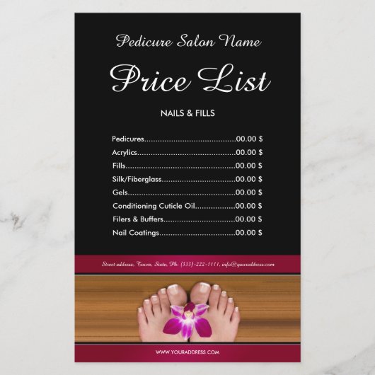 Pedicure Nail Salon Price List - zwarte roze broch Flyer (Voorkant)