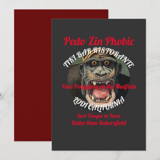 Pedo Zin Phobic Tiki Bar Ristorante Lodi CA Kaart (Voorkant / Achterkant)