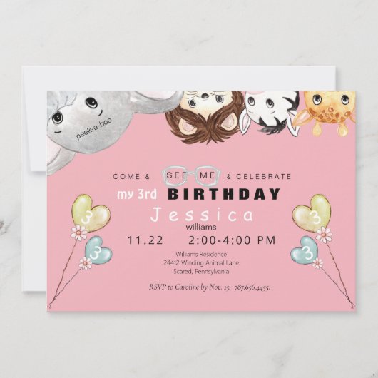Peek-a-boo Animal Girl's verjaardagsfeestje uitnod Kaart (Voorkant)