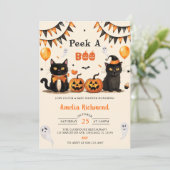 Peek A Boo Black Cat Halloween Baby shower Party Kaart (Staand voorkant)