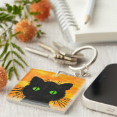 Peek-A-Boo Black Cat voor Halloween Sleutelhanger (Voorkant Rechts)