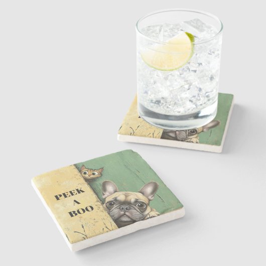Peek A Boo Cat Dog Stenen Onderzetter (Zijkant)