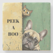 Peek A Boo Cat Dog Stenen Onderzetter (Voorkant)