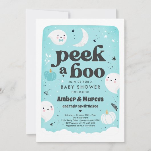Peek A Boo Cute Mint Ghost Baby shower Invitation Kaart (Voorkant)