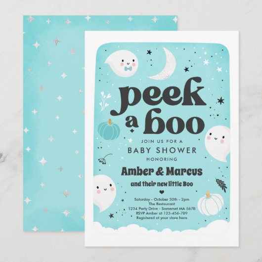 Peek A Boo Cute Mint Ghost Baby shower Invitation Kaart (Voorkant / Achterkant)
