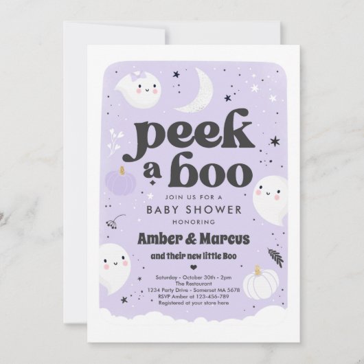Peek A Boo Cute Paarse Ghost Baby shower Kaart (Voorkant)