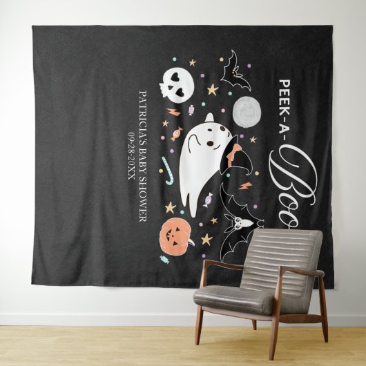 Peek-A-Boo Ghost Halloween Baby shower Backdrop Wandkleed (In Situ (horizontaal))