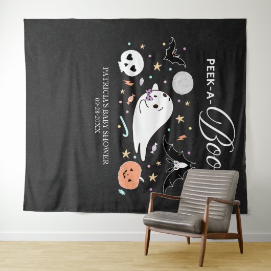 Peek-A-Boo Ghost Halloween Baby shower Backdrop Wandkleed (In Situ (horizontaal))