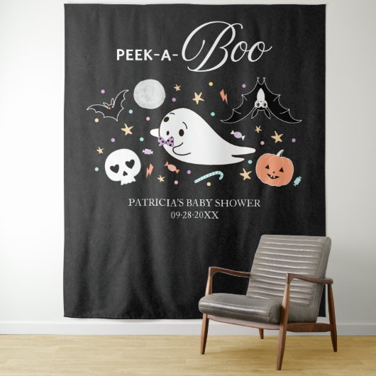 Peek-A-Boo Ghost Halloween Baby shower Backdrop Wandkleed (In situ)