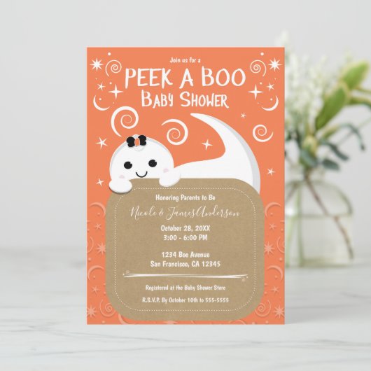 Peek A Boo Ghost Oranje Halloween Baby shower Kaart (Staand voorkant)