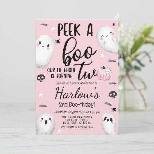 Peek a Boo Ghost Pastel Roze Halloween Verjaardag Kaart (Staand voorkant)