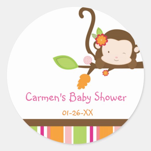 Peek A Boo Girl Monkey Baby shower Favor Sticker (Voorkant)