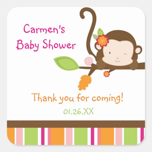 Peek A Boo Girl Monkey Baby shower Favor Stickers (Voorkant)