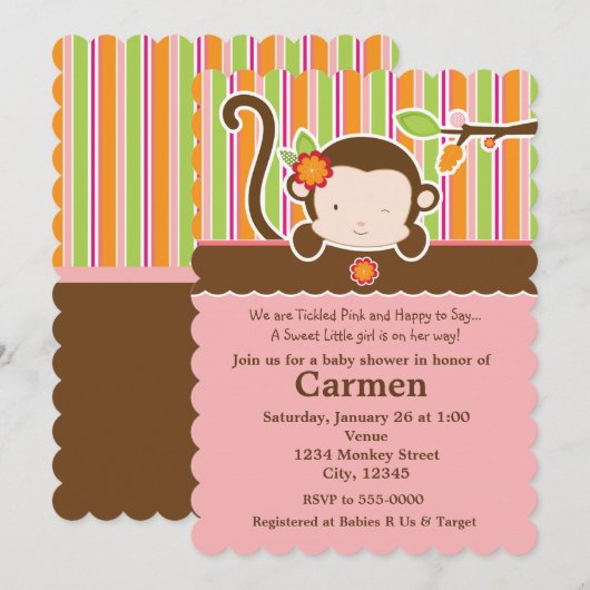 Peek A Boo Girl Monkey Baby shower Uitnodiging (Voorkant / Achterkant)